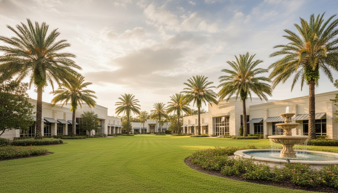 Central Florida low-rise office park with palms, fountain, and partly cloudy morning sky